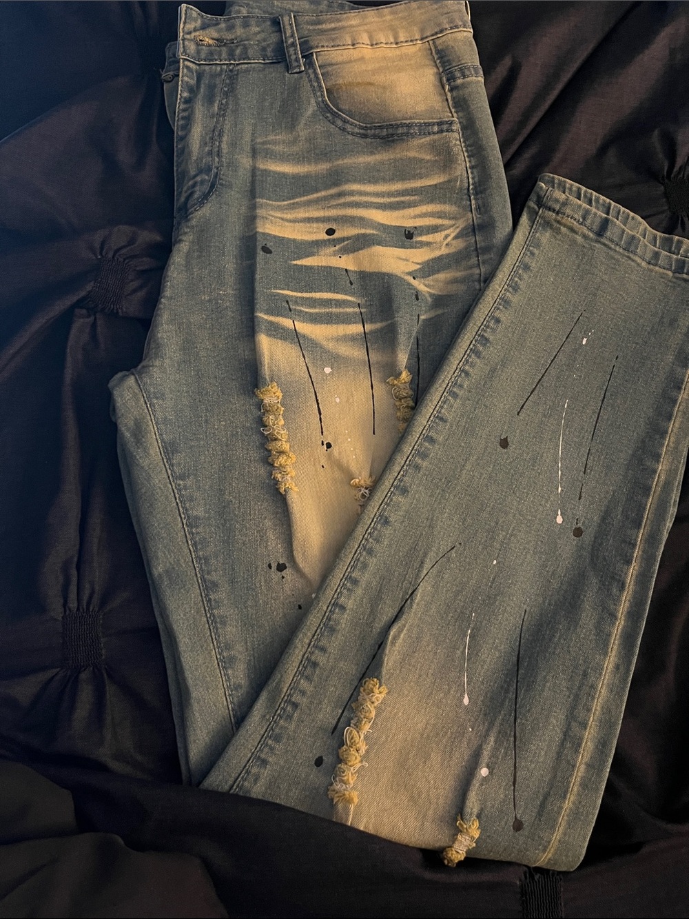 ROMWE Light Blue Distressed Skinny Jeans with Paint Splatter